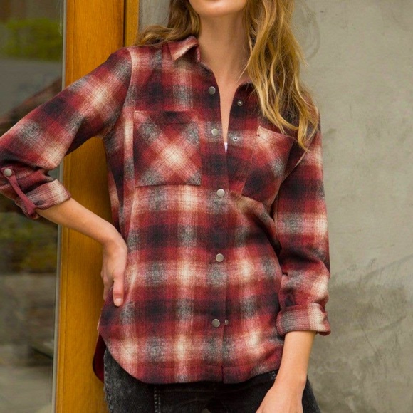 Plaid Shacket Shirt Jacket With Pockets Burgundy Size S - Picture 2 of 8